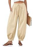 Cicy Bell Womens Baggy Pleated Harem Pants Summer Elastic High Waisted Wide Leg Balloon Cotton Lounge Pants Light Khaki