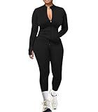 UOUA Two Piece Outfits Women Tracksuit Sets Long Sleeve Zip Up Jacket & Leggings for Gym Workout Set Black L