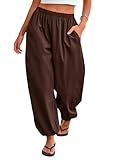 Tankaneo Womens Balloon Pants Trendy Casual Elastic Waist Wide Leg Harem Pants Baggy Pleated Lantern Trousers Coffee