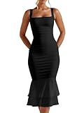 Kaximil Women's Sexy Bodycon Ruched Wedding Guest Midi Dresses Sleeveless Maternity Ruffle Cocktail Party Dress, Large, Black