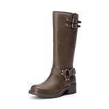 DREAM PAIRS Women's Knee High Boots Side Zipper Motorcycle Boots Square Toe Chunky Low Heel Fashion Buckles Biker Riding Boots,Size 8,Brown-Nubuck,SDKB2412W