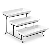 MALACASA 3 Tier Serving Trays for Party, Porcelain Serving Platters and Trays, 12 Inch Tiered Tray Stand, Fruit Tray, Trays for Serving Food, White Dessert Stand with Collapsible Sturdier Metal Rack