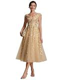 Ever-Pretty Women's V-Neck Midi Cocktail Dresses Cap Sleeves Sequin A-Line Formal Wedding Guest Dress Gold US12
