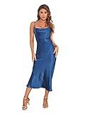 Women's Spaghetti Strap Midi Satin Silk Dresses Slip Cowl Neck Party Cocktail Evening Sexy Dress Navy Blue