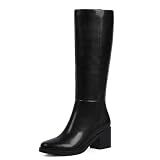 Easyfox Knee High Boots for Women Chunky Heel Leather Tall Boot, Black, 7.5