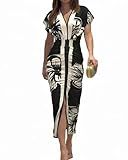 CHICME Summer Dresses for Women Floral Print Plunge V Neck Midi Dress Casual Ruched Slit Bodycon Party Dress Black-XL