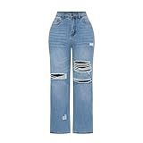 THUNDER STAR Womens High Waisted Wide Leg Jeans Stretchy Distressed Denim Pants Light Blue M