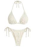 ZAFUL Crochet Triangle Bikini Halter Sting Bikinis Cute Cheeky Two Piece Swimsuit Sexy Bathing Suit for Women 2026 Beige