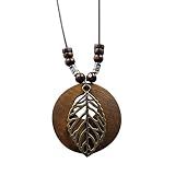 KIFEDSLJ Wooden Pendant Necklace with Owl Leaf Elephant Flower Handmade Vintage Bronze Leaf Long Leather Chain Sweater Necklace for Women-leaf