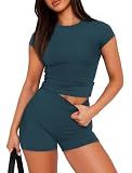Sampeel Workout Sets for Women 2 Piece Summer Fitted Biker Shorts Yoga Outfits Blue M