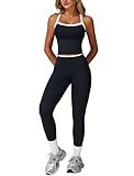 Womens Workout Sets Two Piece Seamless Cross Back Tank Top Matching Tummy Control High Waist Leggings Set 2 Piece For Women Gym Yoga Active Wear Outfits Athletic Work Out Clothes Colorblock Black S