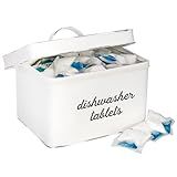 AuldHome Design Dishwasher Pod Holder, Tablet Container; White Enamelware Rustic Kitchen Storage Tin w/Lid