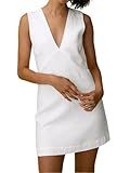 CHARTOU Women's Summer Sleeveless Mini Dress Cotton Linen V Neck Cinched A Line Slim Tank Short Dress (Medium, White)