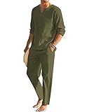 COOFANDY Men's 2 Pieces Cotton Linen Set Henley Shirt Long Sleeve and Casual Beach Pants Summer Yoga Outfits