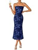 ZESICA Women's Summer Strapless Floral Midi Dress 2026 Bodycon Mesh Tube Wedding Guest Cocktail Party Formal Dresses Navy Medium