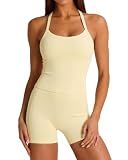 SUUKSESS Women 2 Piece Workout Sets High Waisted Biker Shorts with Pockets Built in bra Racerback Tank Tops Halter Padded Sports Bras (Yellow, S)