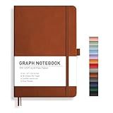 RETTACY Graph Grid Paper Notebook, 192 Pages, A5 Medium Size (5.7'' x 8.3''), 5 Squares per Inch, Leather Hardcover, 100 GSM Thick Paper, for School, Students, Math, Engineering (Brown)
