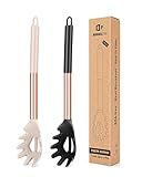 Pack of 2 Silicone Pasta Fork, Kitchen Heat Resistant Noodle Spoon Server, BPA Free Spaghetti Strainer, Best Cooking Tools (ROSE GOLD BLACK-KHAKI)