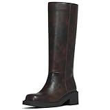 AMINUGAL Brown Boots for Women Knee High Wide Calf Square Toe Chunky Block Low Heel Tall Boots for Ladies Biker Motorcycle Riding Clubbing Corporate Rave Festival ComfyTrendy Y2k Vintage Size 8.5