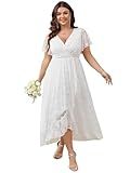 SCOMCHIC Womens Plus Size Wedding Guest Dress Formal Lace Wrap V Neck High Low Short Sleeve Cocktail Maxi Dresses XL-4XL White