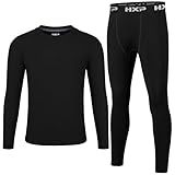 HXP Boys Compression Thermal Base Layer Set, Athletic Youth Fleece Lined Long Sleeve Sports Tops Leggings for Kids Black L