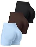 OLCHEE Womens Workout Shorts Seamless Scrunch Butt Lifting 3 Pack Yoga Gym Athletic High Waisted Tummy Control Booty 4.1" Inseam - Black Brown Light Blue Medium