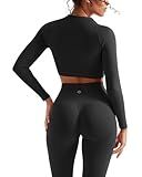 SUUKSESS Women 2 Piece Workout Sets Hidden Scrunch Hip Lifting Seamless Leggings Long Sleeve Yoga Crop Tops High Waisted Yoga Pants Tracksuits (Black, L)