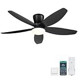 Surtime 42" Ceiling Fans with Lights-Low Profile Ceiling Fan with Light and Remote/APP Control,Flush Mount,DC Reversible,LED Dimmable Black Ceiling Fans for Bedroom,Indoor/Outdoor Patio Use