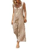 Yeokou Women Button Down Jumpsuits Cotton Linen Sleeveless Casual Wide Legs Rompers Loose Overall With Pockets(LightKhaki-L)