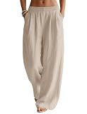 LOMON Palazzo Pants for Women Casual Wide Leg Linen Summer Flowy Pants Beach Vacation Clothes Elastic Waist Travel Lounge Trousers Outfits (Khaki, XL)