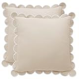BEBE BASK Scalloped Pillow Cover - Set of 2 - 18 x 18 Inch - Scallop Pillow Cover Natural/White/Beige - 100% Cotton - Grandmillennial Style