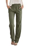 JEKAOYI Womens High Waist Casual Pants Drawstring Straight Leg Vacation Comfy Lounge Pocket Linen Trousers Grey Green