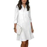 QXE Womens White Cotton Linen Dresses Casual Button Down Shirt Dress 2026 Summer Midi Dress Beach Vacation Clothes