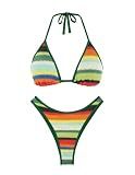 seamoly Women's Two Piece Swimsuit String Bikini Sets Crochet Sexy Open Back Halter Bathing Suit Colorblock Swimwear Green XL