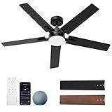Geinself 52 Inch Ceiling Fans with Lights, Black Smart Ceiling Fan Compatible with Alexa, LED Fan with Remote and 5 Two-Sided Blades, High CFM Ultra Quiet Large Fan for Bedroom, Living Room