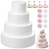 4 Tiers Foam Cake Dummies Set 4" 6" 8" 10", PLULON White Round Practice Cake Dummy 12 Inch Tall with Artificial Roses and Ribbons for Wedding Baby Shower Birthday Anniversary Christmas Party Supplies