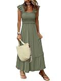 ANRABESS Womens Summer Sleeveless Maxi Dress Square Neck Smocked Boho Casual Ruffle Strap Flowy A-Line Long Beach Sundress Olive Small