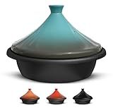 KooK Moroccan Tagine, Enameled Cast Iron Cooking Pot, Tajine with Ceramic Cone-Shaped Closed Lid, 3.3 QT, (Stone Blue)