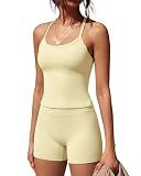 SUUKSESS Women 2 Piece Workout Sets High Waisted Tummy Control Biker Shorts Halter Padded Tank Tops Racerback Sports Bras (Pale Yellow, S)