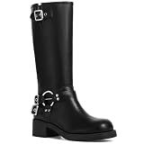 AMINUGAL Black Knee High Boots Women Square Toe Pull On Wide Calf Riding Fashion Buckles Chunky Metallic Casual Vintage Buckle Rivet Size 7