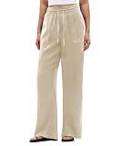 SEMARO Wide Leg Palazzo Pants for Women Casual Drawstring Flowy Beach Linen Trousers with Pockets Vacation Khaki