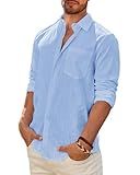 DEMEANOR Linen Shirts for Men Long Sleeve Cotton Casual Beach Summer Wedding Lightweight Button Down Shirt with Pocket Blue Large
