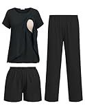 Ekouaer 3 PCS Maternity Nursing Pajamas Set Postpartum Breastfeeding Short Sleeve Shirts, Pregnancy Shorts & Pants Pjs Black M