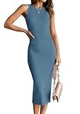 HAEOF Women's 2024 Summer Casual Sleeveless Midi Dress Elegant Crewneck Ribbed Knit Bodycon Long Dresses(Dusty Blue, M)