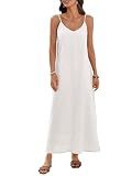 vinglam Women's 100% Linen Maxi Dress Adjustable Spaghetti Strap V Neck Sleeveless 2026 Summer Trendy Split Dresses White