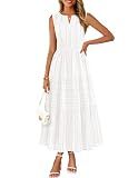 MEROKEETY Summer Casual Sleeveless V Neck Midi Dress Women, White, M