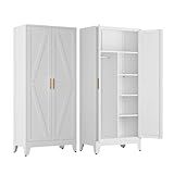 COFaR Metal Wardrobe Closet with Doors, 71'' Tall Steel Bedroom Armoire with Adjustable Hanging Rod and Shelves, Broom Closet Storage Cabinet for Garage Laundry Office, Farmhouse White