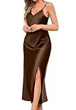 ALCEA ROSEA Women's Long Satin Slip Dress Nightgowns Sexy Lingerie Adjustable Strap Midi Dress Silky Gown V Neck Under Dress (Dark Brown, L)