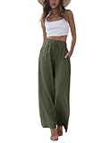 Faleave Women's Cotton Linen Summer Palazzo Pants Flowy Wide Leg Beach Trousers with Pockets(ArmyGreen-M)