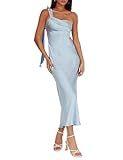 2026 Satin One Shoulder Maxi Dress for Women Summer Silk Formal Elegant Backless Ruffle Sleeveless Wedding Guest Dresses Light Blue